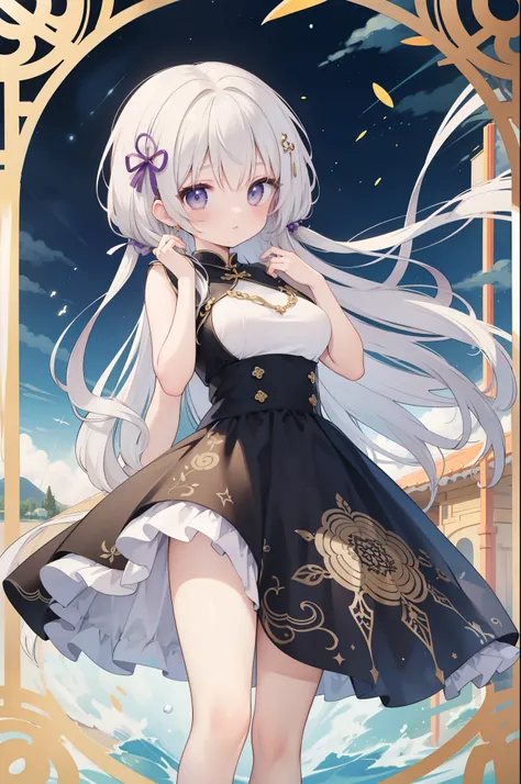 （masterpiece）、(highest quality)、((Super detailed))、(super delicate)、cute、Pastel colors hair、beautiful breasts、Gorgeous、fantastic sea of stars、Golden, silver and purple cheongsam