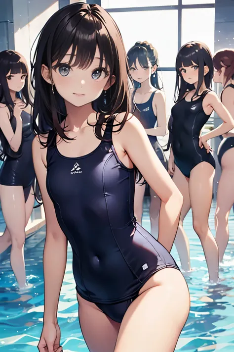 High quality、highest quality、complete limbs、Ultra high definition、Sparkling eyes、full finger、slender beauty、Group of 3、Wearing a school swimsuit、shiny skin