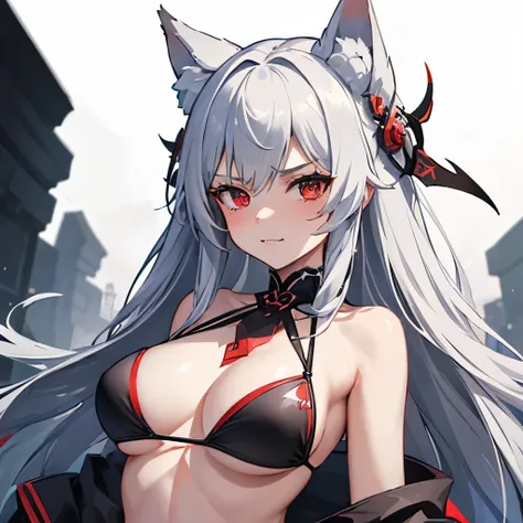 ((1girl, solo)), wearing bikini, two fox ears, silver long hair, genshin style, Blushing face, Yandere expression, wearing black Bikini, crawling closer  with evil smirks, dark background with faint red aura, and Red fire burning in the back, 