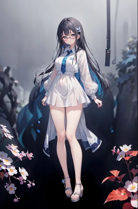 Close-up photo of an Anime girl wearing white glasses, standing on the land amidst the night view, her expression thoughtful and serene. The night sky above is filled with an abundance of twinkling stars, creating a breathtaking view of the galaxy. Surroun...