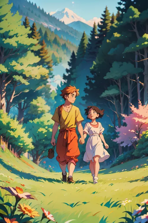 Cinematic Scene: A heartwarming moment unfolds as a 18-year-old girl and a 23-year-old boy walk hand in hand away from the reunion hall, their expressions filled with hope and the promise of a new beginning. Their interconnected hands symbolize their unbre...