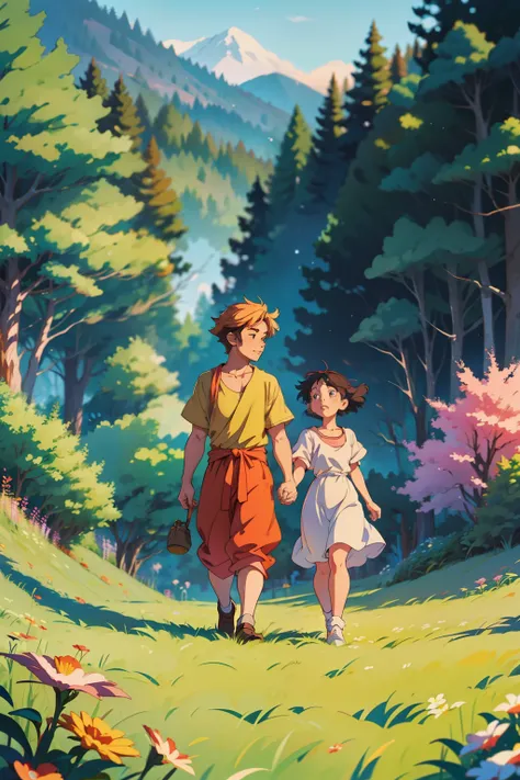 Cinematic Scene: A heartwarming moment unfolds as a 18-year-old girl and a 23-year-old boy walk hand in hand away from the reunion hall, their expressions filled with hope and the promise of a new beginning. Their interconnected hands symbolize their unbre...