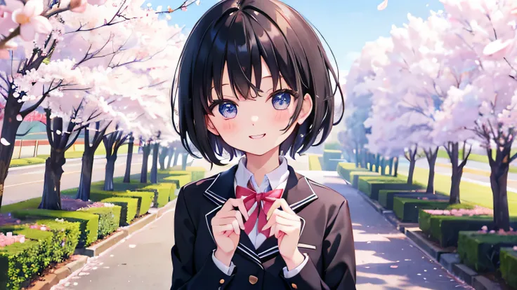 high school girl、wide shot、black short hair、black eye、big smile、happy expression、、uniform、cherry blossoms、garden