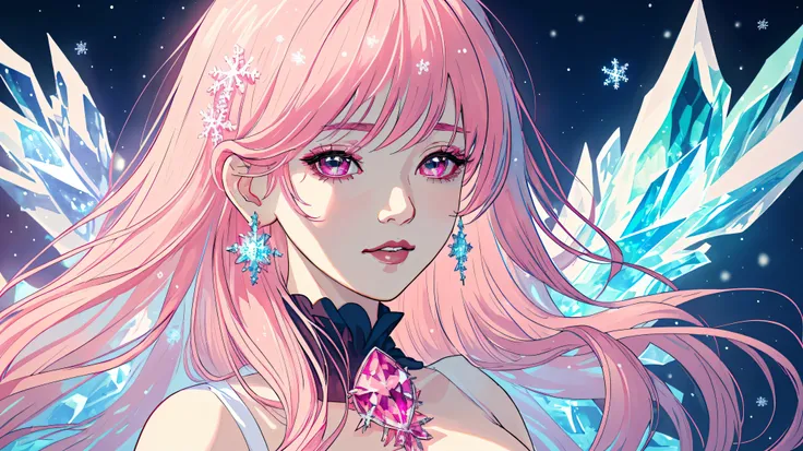 8K resolution，best quality，Super clear details，Ice Queen，snowflake，goth style，pink hair，epic work，masterpiece tenderness，，soft