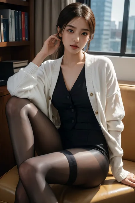 Submissive woman wearing white cardigan sitting on chair, wearing pantyhose、Wearing a strict suit, legs crossed, bottom corner, wearing a suit, office clothing, wearing a suit, elegant legs, wearing a suit, Wearing a strict suit, Japanese model, raw,(8k、to...