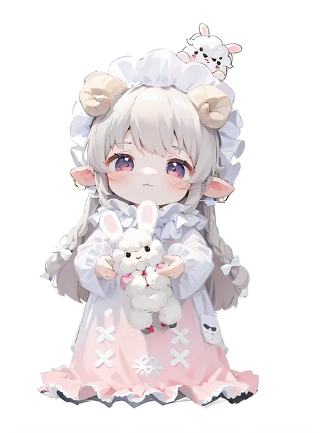 sheep&#39;bugle ,lolita cute character, ,,Raphael, sheep&#39;bugle小萝莉女孩, two-dimensional，two-dimensional的，，celluloid，HD，8k，，，right structure ，Q version is very cute，穿着pajamas，pajamas，Rabbit in hand