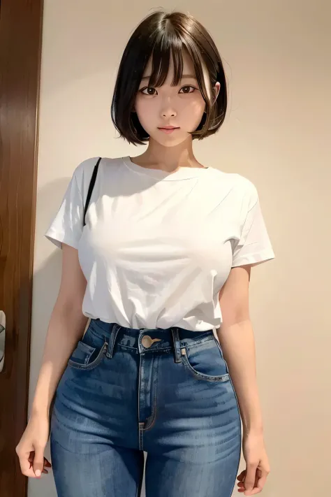 (narrow eyes:1.4), frontal shot , From the middle , (black eye), (japanese woman), 1 girl, (small eyes), very beautiful 17 year old girl, beautiful breasts:1.5, (highly detailed eyes:1.2), (beautiful breasts:1.1), short hair, bangs, (thick legs, huge hips,...
