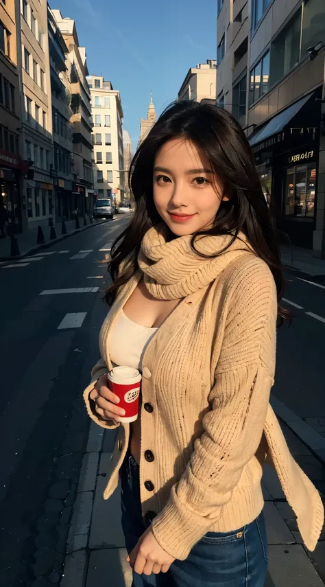 masterpiece, actual, 8k, ultra high definition, Photo of the street center shows a lovely, 27 years old. In this photo, It&#39;s obvious that she has sharp eyes and a pointed nose, But she has a lovely smile. her chest is very large. Maximizes the contours...