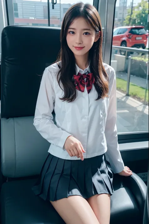 Best quality, masterpiece, ultra high res, (photorealistic:1.4), raw photo, (2 young girls), (High School Uniforms, Pleated mini skirt:1.2), (High  with wide open :1.4), , Cautious smile, , Camel toes, sitted, 電車の中で, Train seats, (pair:1.2), (Best quality ...