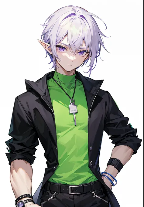 1boy, purple eyes, black hacker, watch, green t-shirt,elf, high resolusion, anatomy, Perfect hand, Perfect pose, handsome,cool,