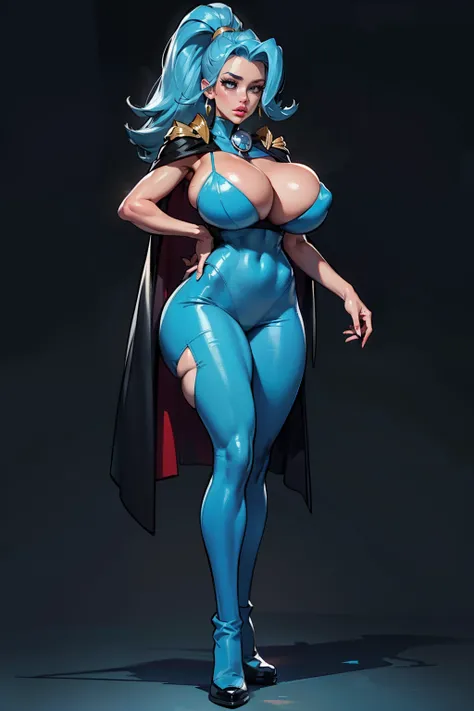 Generate an illustration of a mature Clair, gym leader of pokemon,  ponytail, holding a poke all,  de terno preto, long hair, hair flows straight down, darkblue hair, (gigantic breasts:1.4), blue outfit in anime format with a serious style, (black cape), b...