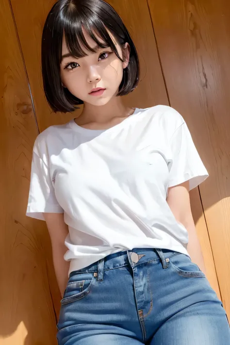 (narrow eyes:1.4), frontal shot , From the middle , (black eye), (japanese woman), 1 girl, (very small eyes:1.4), very beautiful 17 year old girl, beautiful breasts:1.5, (highly detailed eyes:1.2), (beautiful breasts:1.1), short hair, bangs, (thick legs, h...