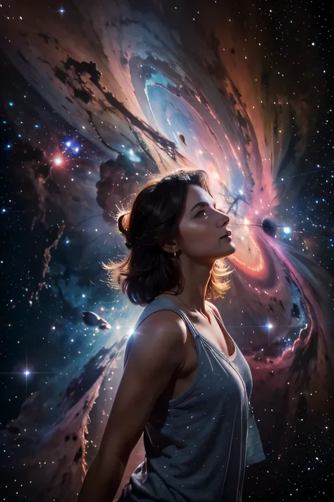 A woman in the form of the Orion nebula