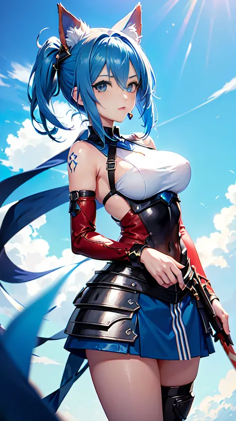 intrincate details: "(a video game character in an anime style has big blue eyes and blue hair, 1girl, blue hair, breasts, beak of pocky animal ears, looking at viewer, blue eyes, short hair, armor)"