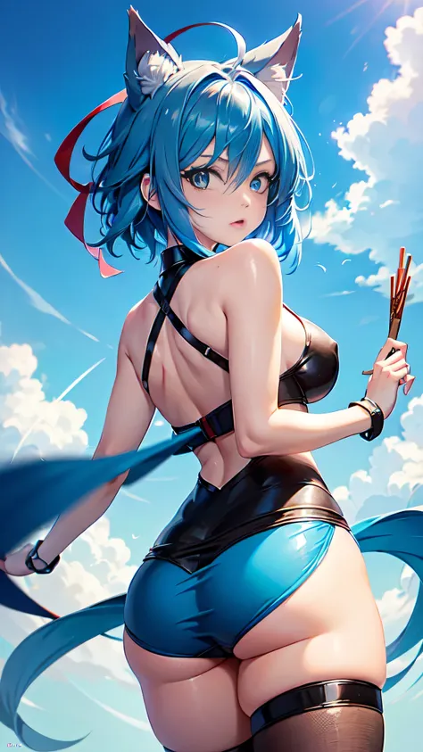 intrincate details: "(a video game character in an anime style has big blue eyes and blue hair, 1girl, blue hair, breasts, beak of pocky animal ears, looking at viewer, blue eyes, short hair, armor)"