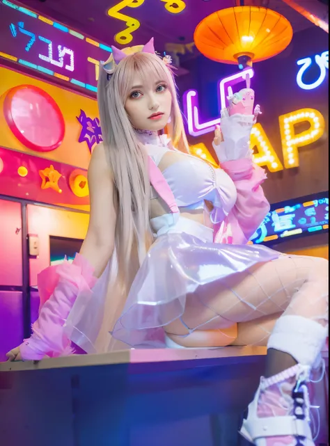 An arafe woman wearing pink clothes sitting at a table in front of a neon sign,  cyber punk, anime girl cosplay, trending on cgstation, trending on cgstation, sakimichan hdri, Cartoon Barbie wearing white stockings, (neotokyo), run, sakimichan, In Cyber Ci...