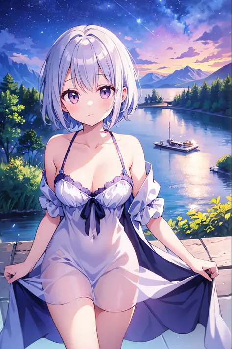 （masterpiece）、(highest quality)、((Super detailed))、(super delicate)、Princess in a naughty nightdress、Pastel colors hair、beautiful breasts、Thighs、Gorgeous、lake with mountain view、Fantastic starry sky