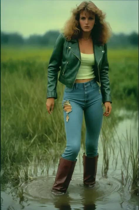 (best quality, highres, ultra-detailed:1.2), 70s style film photo, pretty woman, jeans, leather jacket, drowning in bog, shameful fetish