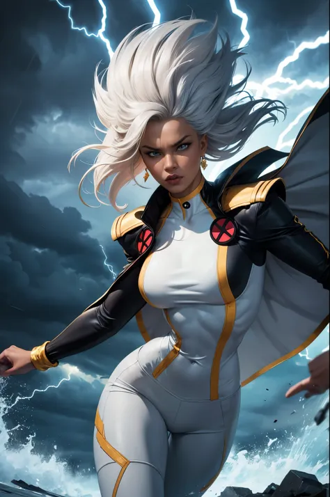 best quality,highres,ultra-detailed,realistic:1.37,professional,dynamic,action shot,storm character art,storm from the x-men,sto...