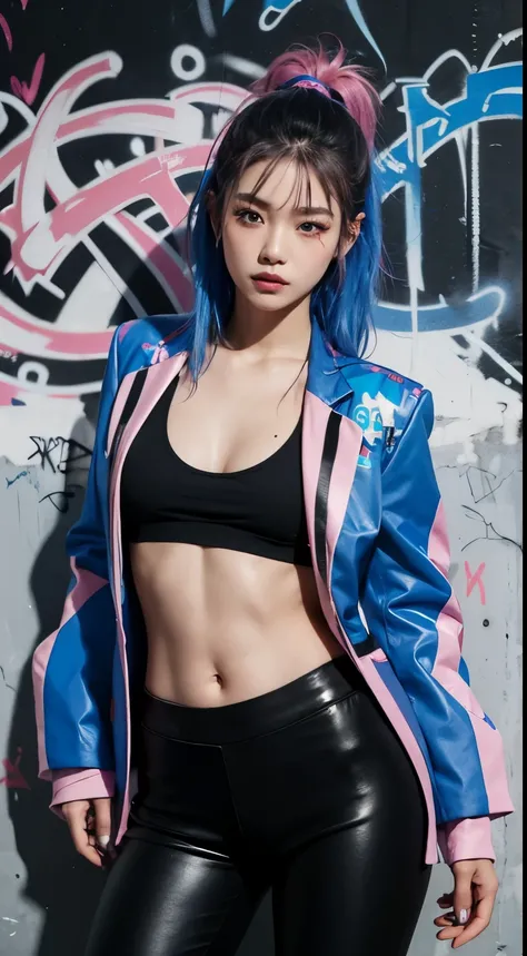 Realistic skin, best quality, Clarity, 4k, 8k, detail, actual, tattoed Girl, Korean makeup, black lips, pink and blue medium mullet hair, Perfect six pack body, stand, pose standing, medium chest, dark blazer top, black legging Pants, Solid graffiti wall b...