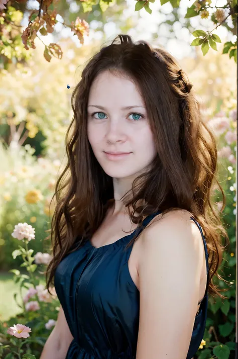 Realistic photograph, summer vibes, beautiful girl with curly hair wearing a flowy silk dress standing in a blooming garden, golden hour lighting, soft focus on hair and flowers, captured by Annie Leibovitz or Tim Walker.