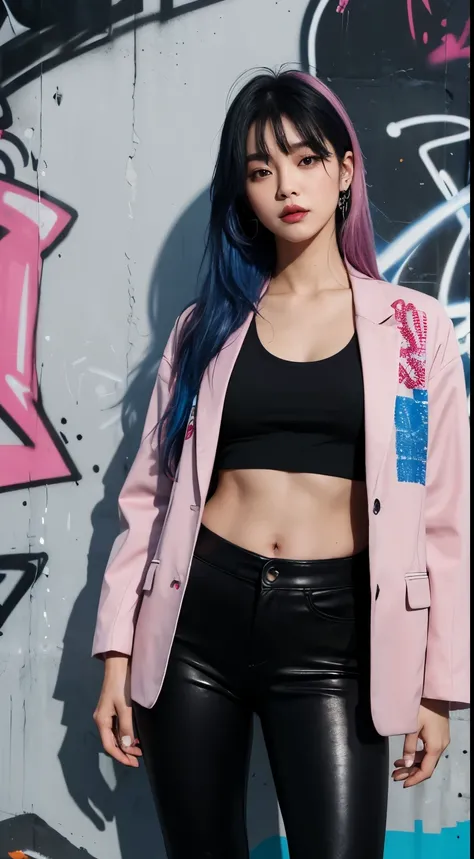 Realistic skin, best quality, Clarity, 4k, 8k, detail, actual, tattoed Girl, Korean makeup, black lips, pink and blue medium mullet hair, Perfect six pack body, stand, pose standing, medium chest, dark blazer top, black legging Pants, Solid graffiti wall b...