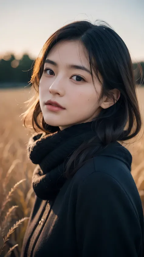 8k, best quality, masterpiece, actual, Ultra-detailed, photo actual, quality improvement, 
Photo of a girl wearing a scarf standing in a field, Dark and brooding designer style, lots of quality, Photo display, calm face, jagged edges, navy, natural beauty,...