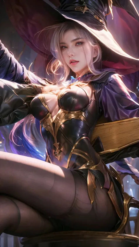 a close up of a woman in a witch costume sitting on a chair with witch hat, extremely detailed artgerm, by Yang J, artgerm lau, ig model | artgerm, ! dream artgerm, artgerm. high detail, style artgerm, artgerm detailed, style of artgerm, artgerm on artstat...