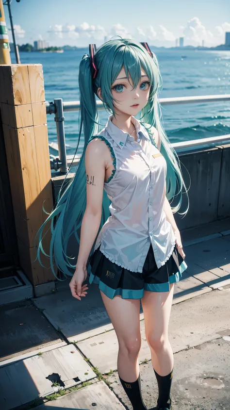 Hatsune Miku, city, green hair, green eyes, vocaloid, girl in need, collar, white shirt, t-shirt, blue short, sleeveless, looking at viewer, standing