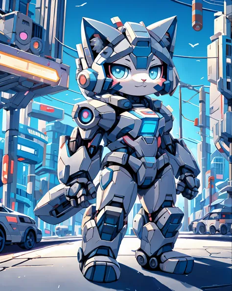 Cat wearing futuristic mecha suit, chibi, standing, background neon city with light purple and blue, stunning style