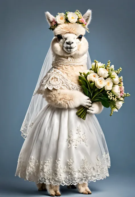 photorealistic portrait of Dressed animals - a fat baby white alpaca,(elegant pose), high quality,(lovely) ,intricate details, highly detailed ((wedding dress)) ,wearing highly detailed veil ,holding flower bouquet, (happy), studio lighting,(full body imag...