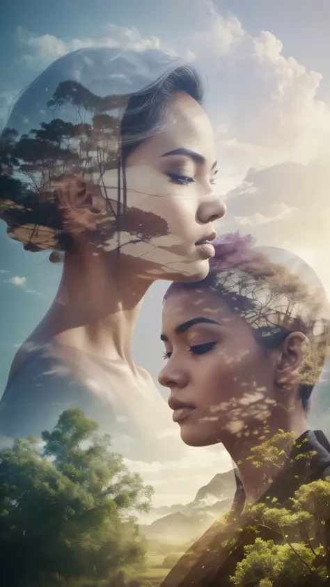 Combine a portrait of a Malay man and a malay girl in hijab with a serene natural lavender  landscape, creating a harmonious double exposure effect, double exposure drama poster style,