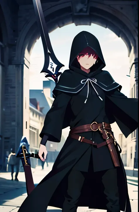 hood, black clothes, whole body, magic circle, two-handed sword