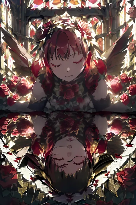 (Stained glass:1.3),(crimson rose dress:1.6),(jewel-like accessories:1.2),(High resolution:1.5),(Bright colors:1.4),(close up of face:1.3),(Black Wings of a Fallen Angel:1.35),((eyes closed:1.4)),((god々A flower garden filled with bright light:1.5)),((white...