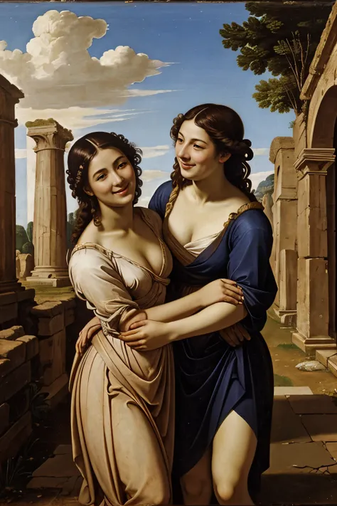 Ancient Roman ruins,landscape in the style of Poussin,A smile,,Sweet and seductive appearance.、Caravaggios paintings、Chiaroscuro of Caravaggio、Hair disheveled in the wind,Two women frolicking,Cute smile, Expression of ecstasy,A sexy,erotick