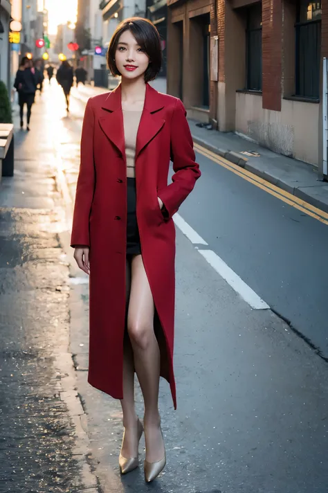 best quality, 4K, 8k, Detailed faces, clear face, full-body shot，beautiful girl, Korean makeup, red lips, smilingly, Perfect body,shoulder-length short hair,small,Leg length,Slim,thin, girl wearing long and wide coat, Under the jacket is the top tube and t...