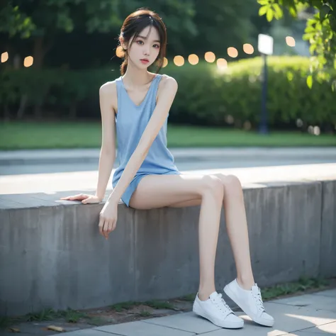 full-body shot，Miss,Skin and bones，skinny，Sunken cheeks，Very thin，blue shirt，White canvas shoes,sleeveless,realistic details, high resolution,Bokeh,Excellent details