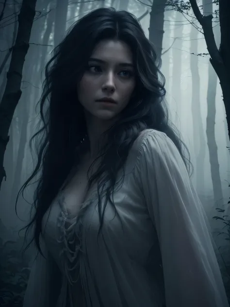 (best quality,4k,8k,highres,masterpiece:1.2),ultra-detailed,(realistic,photorealistic,photo-realistic:1.37),dark forest,full moon,ghostly,shrouded in dense fog,wailing banshee,tangled hair,layered hair