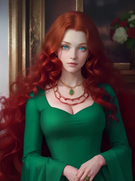 girl with copper-red hair, (20 years), large curls, blue eyes, in a green dress, looks directly at the viewer, around the neck i...