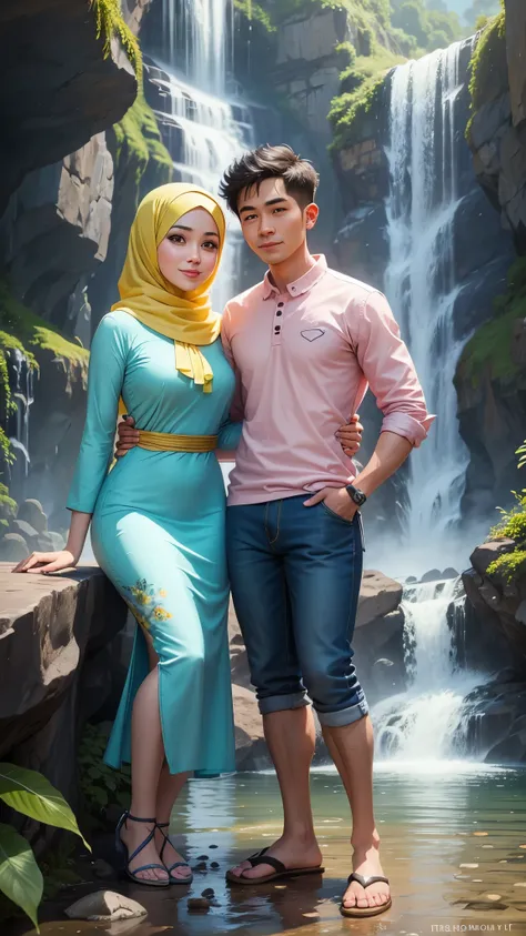 close up, of a cartoon ,man wearing jean, and a woman  wearing baju kurung and hijab,in waterfall, cartoon artstyle, cartoon art...