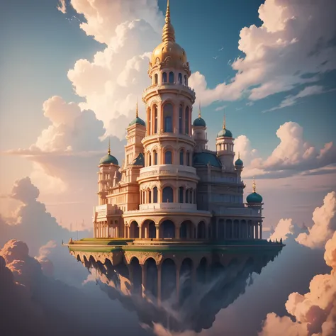 Oriental classical mythology style,an island floating in the sky, Clouds and gorgeous palace architecture, Super details, high detail, high quality, 8k, Exudes mystery and peace，