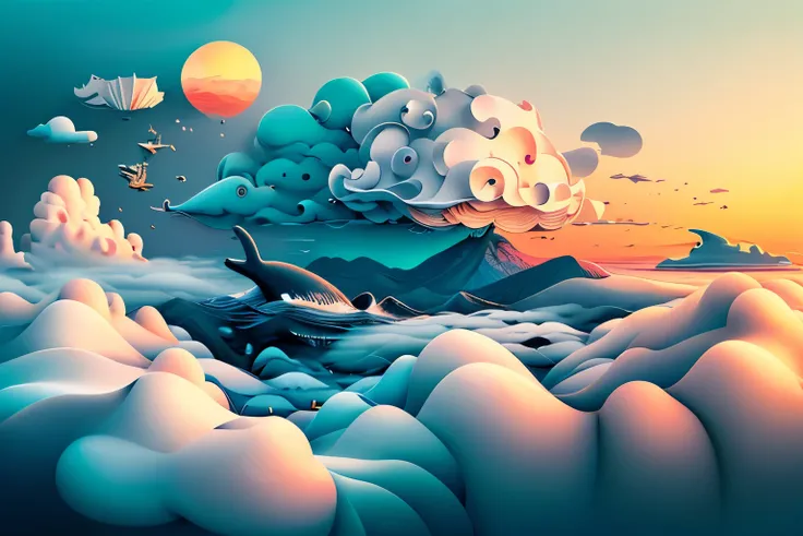 (realistic,best quality, masterpiece:1.3),illustration,whale,floating in the clouds,cloudy sky,paper_cut, dreamy,surreal,vibrant colors,soft lighting,sunset