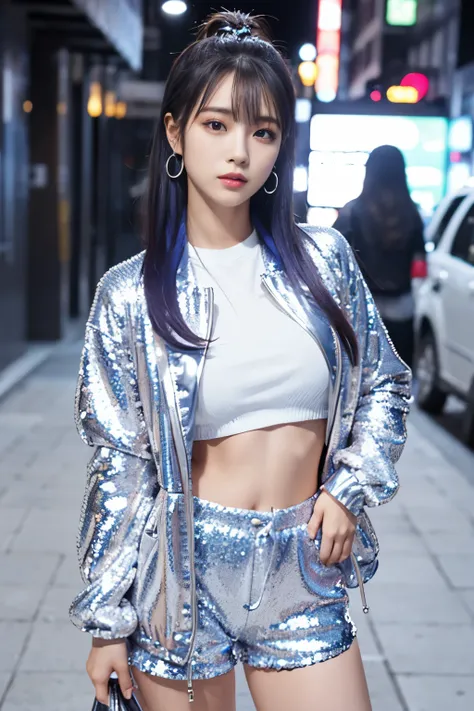 female idol、 silver sequin tight shorts、Full body Esbian、、 、Shiny Blue Jacket