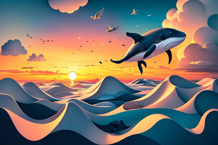 (realistic,best quality, masterpiece:1.3),illustration,whale,floating in the clouds,cloudy sky,paper_cut, dreamy,surreal,vibrant colors,soft lighting,sunset