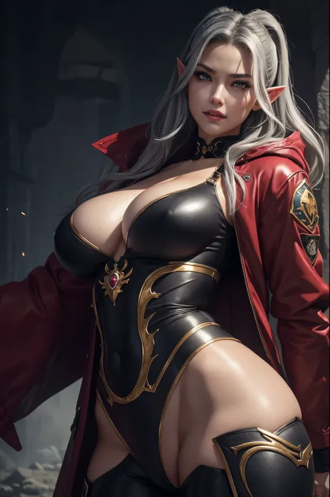 8K,大きな牙を持つgray hair perm hair,Close-up of a queen with very large breasts in a red jacket(Super realisticな肌), Super beautiful(like the real thing),elf ears,2. 5d CGI fantasy artwork,portrait of queen of the underworld, Highly detailed ArtGerm, types of bac...