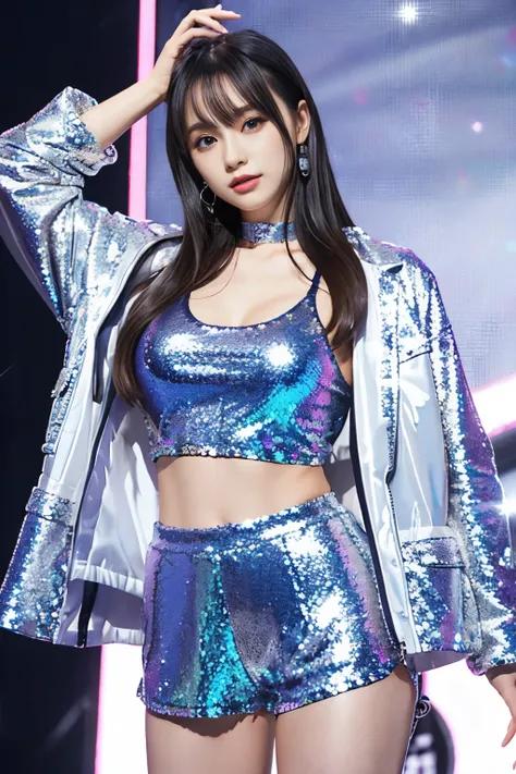 female idol、 silver sequin tight shorts、Full body Esbian、、 、Shiny Blue Jacket