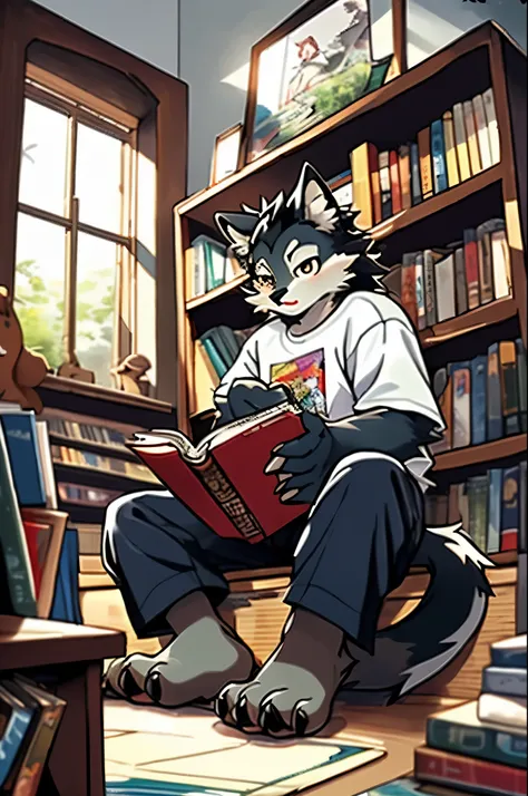 black wolf,18 years old, sitting on the floor, Low angle view, indoor, sleepy, black hair, black dog tail, Hairy all over, animal paws, large ear, adorable, kawaii, black fur, Comic book style, wearing a T-shirt, reading books, Detailed background, with a ...