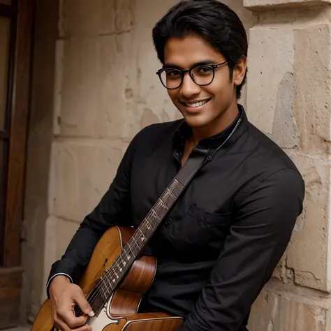 Indian boy with black guitar (esthetics) (smart) (looking handsome) ( smile) round face and spectacles 