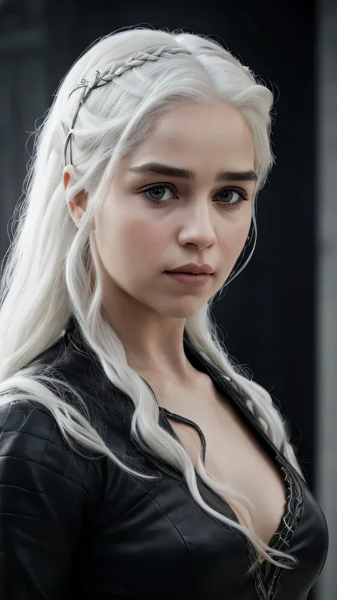 cold expression,white hair, black clothes,Face to the front,half body view, raw photo of Daenerys Targaryen, highly detailed, arts station, smooth, sharp focus, 8k, trending on instagram, Trending on Tumblr, HDR 4K, 8k,looking at camera,film stock photogra...