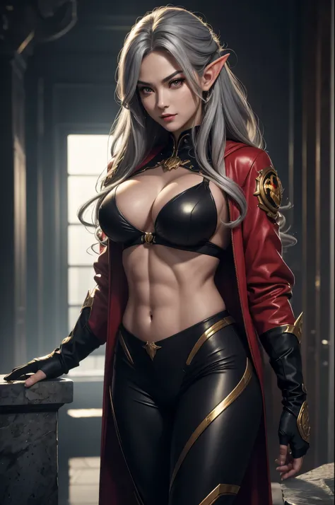 8K,2大きな牙を持つgray hair perm hair,Close-up of a queen with very large breasts in a red jacket(Super realisticな肌), Super beautiful(like the real thing),elf ears,2. 5d CGI fantasy artwork,portrait of queen of the underworld, Highly detailed ArtGerm, types of ba...